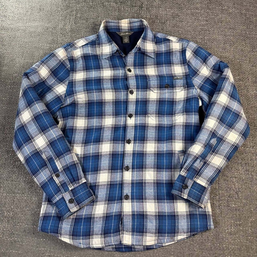 Eddie Bauer Flannel Shirt Jacket Mens Small Blue Plaid Fleece Lined Shacket